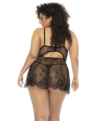 Nuisette noir Selma grande taille, en dentelle, avec armatures et string assorti inclus 